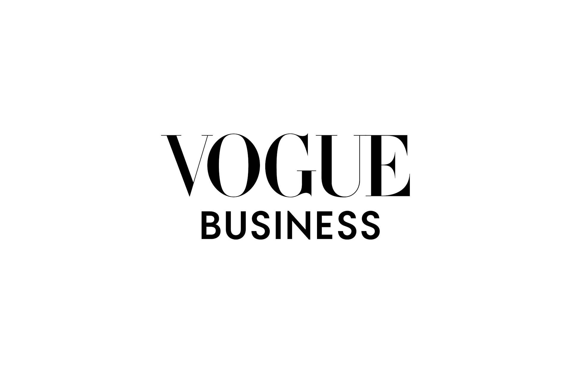 The image shows the Vogue Business logo with VOGUE in large, elegant serif font above BUSINESS in smaller, bold sans-serif font, centered on a white background.