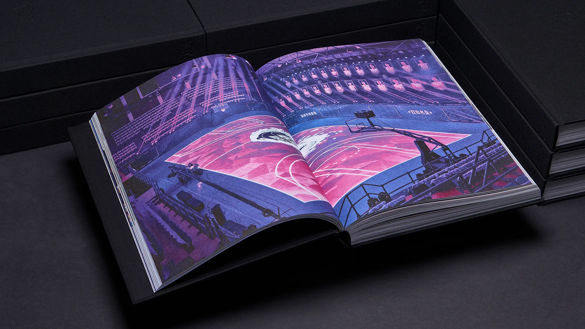 An open book displays a vivid, illustrated basketball court under purple lighting, viewed from an elevated perspective, with empty seats and arena lighting visible in the background. The book rests on a dark surface.