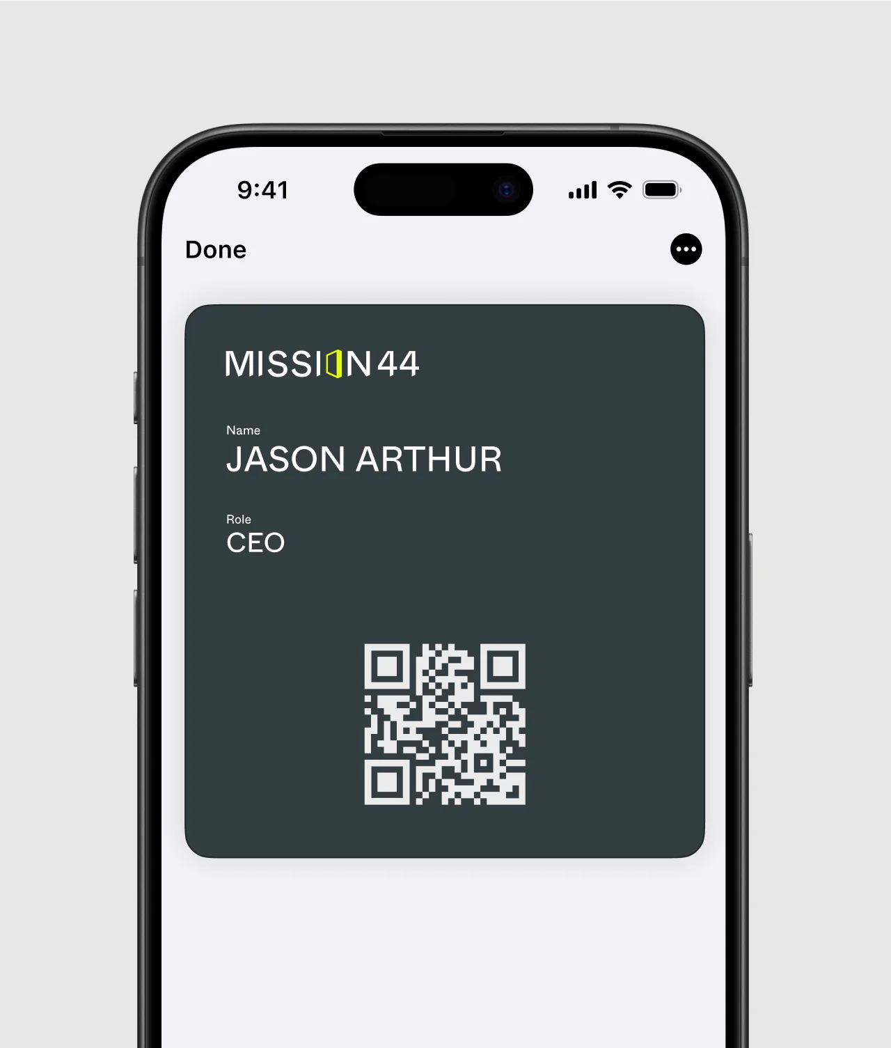 A smartphone screen displays a digital ID card for MISSION 44, showing the name Jason Arthur, the role CEO, and a QR code below the text.