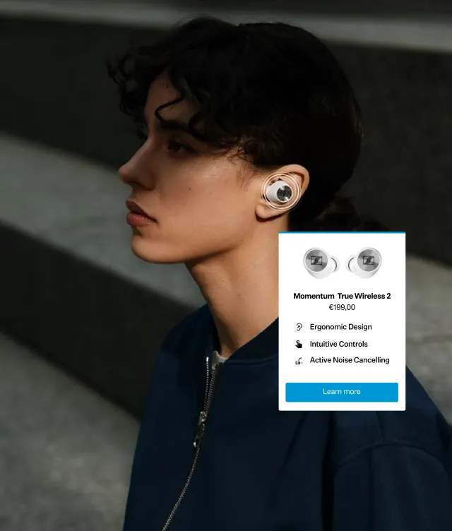 A person wearing wireless earbuds is shown in profile outdoors. An overlay displays product features and price for Momentum True Wireless 2 earbuds, highlighting ergonomic design, intuitive controls, and active noise cancelling.