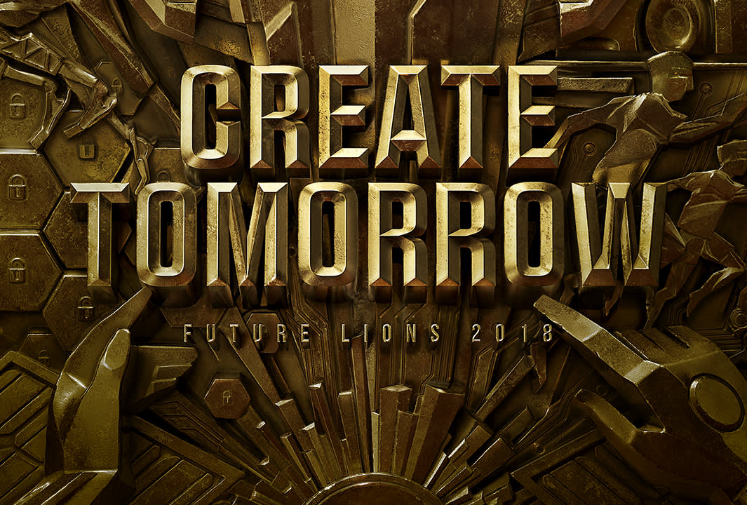 Gold embossed text reading CREATE TOMORROW with Future Lions 2018 below, set against a detailed metallic background with gears, locks, and industrial elements.