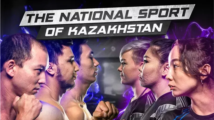 Six people, three men and three women, face off in two opposing lines with intense expressions. Above them, bold text reads The National Sport of Kazakhstan against a dramatic, purple and black background.