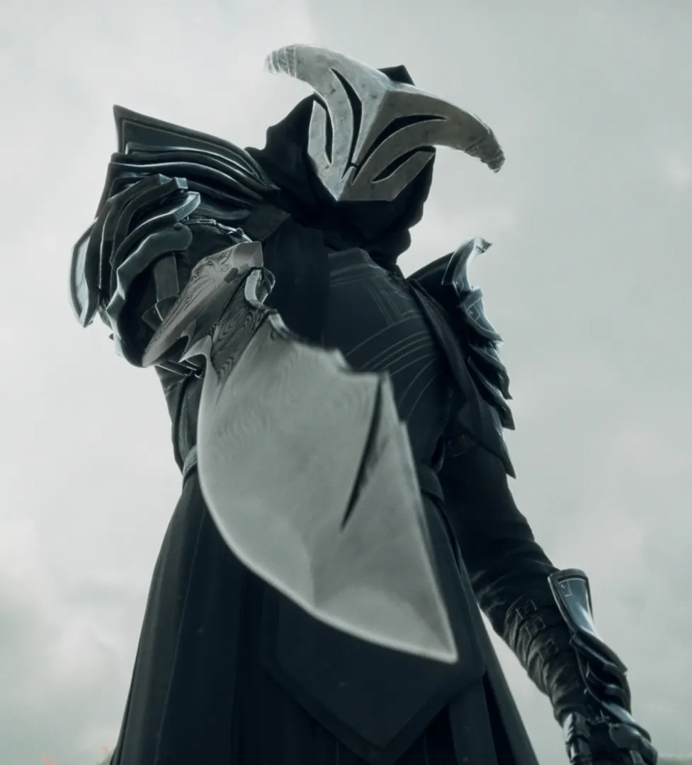 A menacing armored figure in dark, intricate armor and a horned helmet holds a large, curved sword, standing against a cloudy sky, viewed from a low angle.