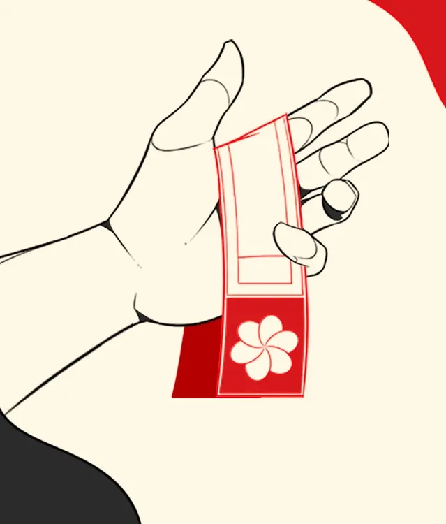 A stylized drawing of a hand holding a red rectangular card with a white flower design, set against a cream and red abstract background.