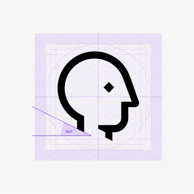 A black geometric outline of a human head with a diamond-shaped eye, overlaid on a purple grid with measurement lines, including a 26.5-degree angle marked in purple on the left side.