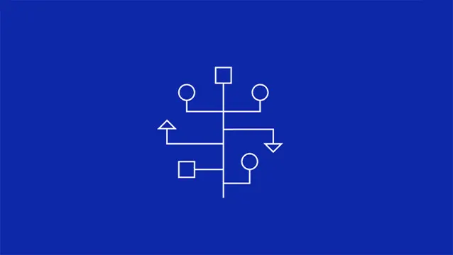 A white diagram with lines connecting squares, circles, a triangle, and an upside-down triangle, set against a solid blue background.