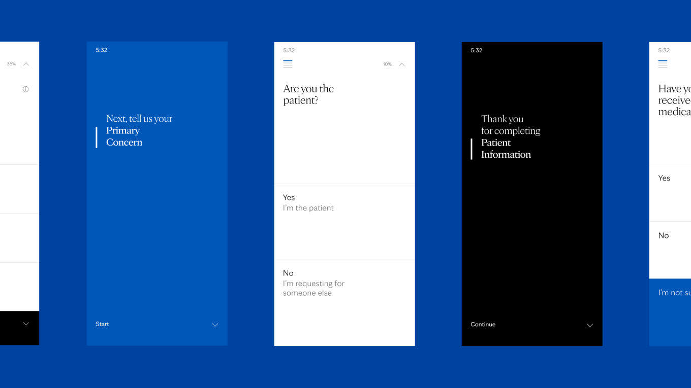 Three smartphone screens display a medical questionnaire app with minimalist blue, white, and black backgrounds, asking users about their primary concern and if they are the patient, and thanking them for completing information.