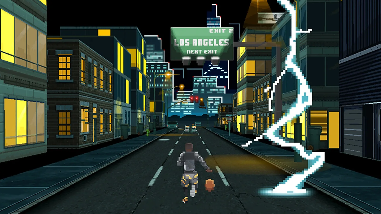 A pixel art scene of a person running down a city street at night, with buildings lit up, a large lightning bolt striking nearby, and a green highway sign overhead reading Los Angeles Next Exit.