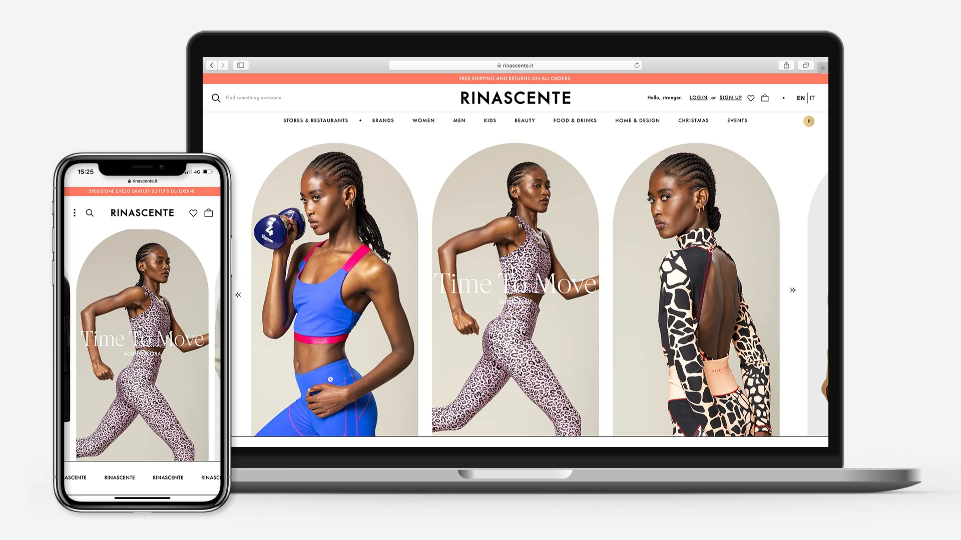 A smartphone and a laptop display the Rinascente website, featuring images of a woman in athletic and animal print outfits, striking various dynamic poses against a neutral background.