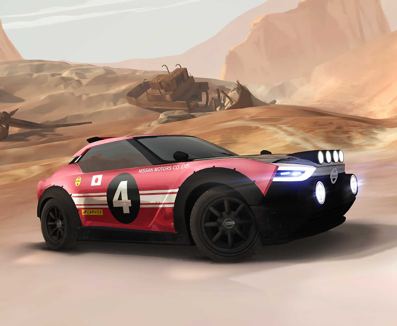 A red rally car with the number 4 on its door, featuring roof lights and sponsor decals, parked in a desert landscape with mountains and abandoned vehicles in the background.