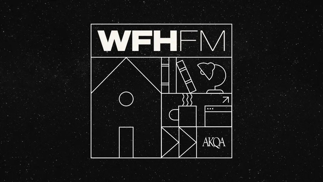White line drawing on a black speckled background with WFH FM at the top, a house, books, a globe, coffee mug, computer screen, and AKQA in stylized text in separate sections below.