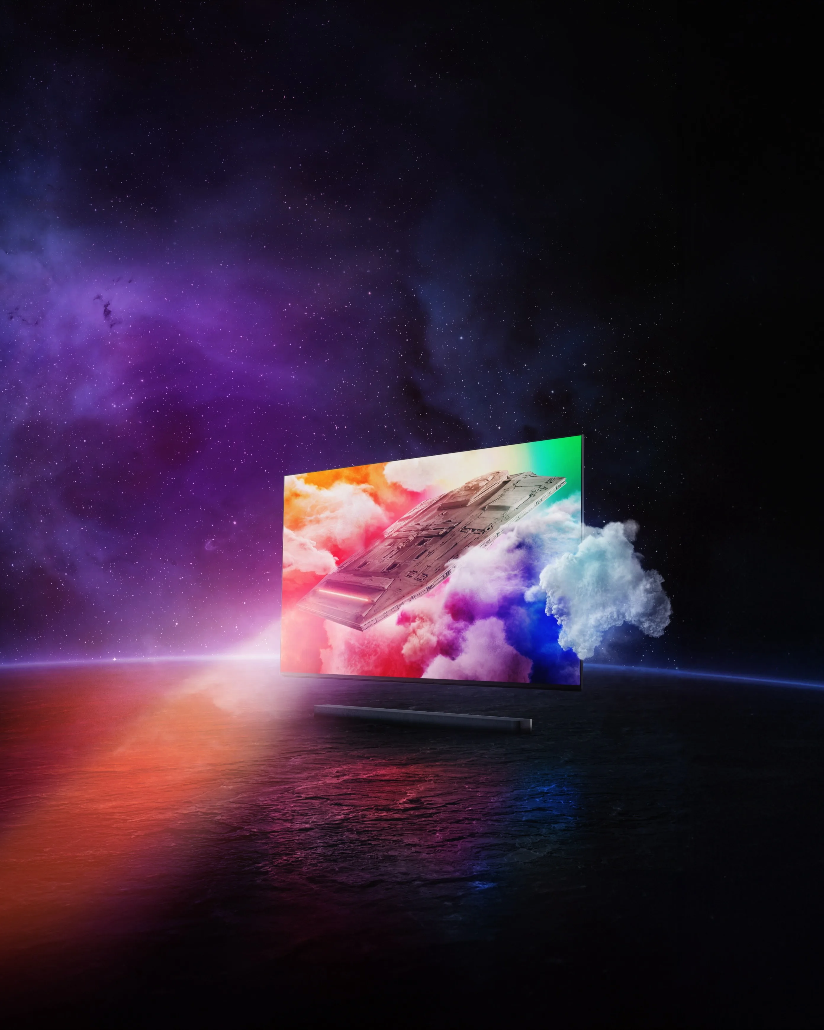 A futuristic flat-screen TV displays a vibrant image of a spaceship flying through colorful clouds, appearing to burst out of the screen, set against a dark outer space background with purple and orange hues.