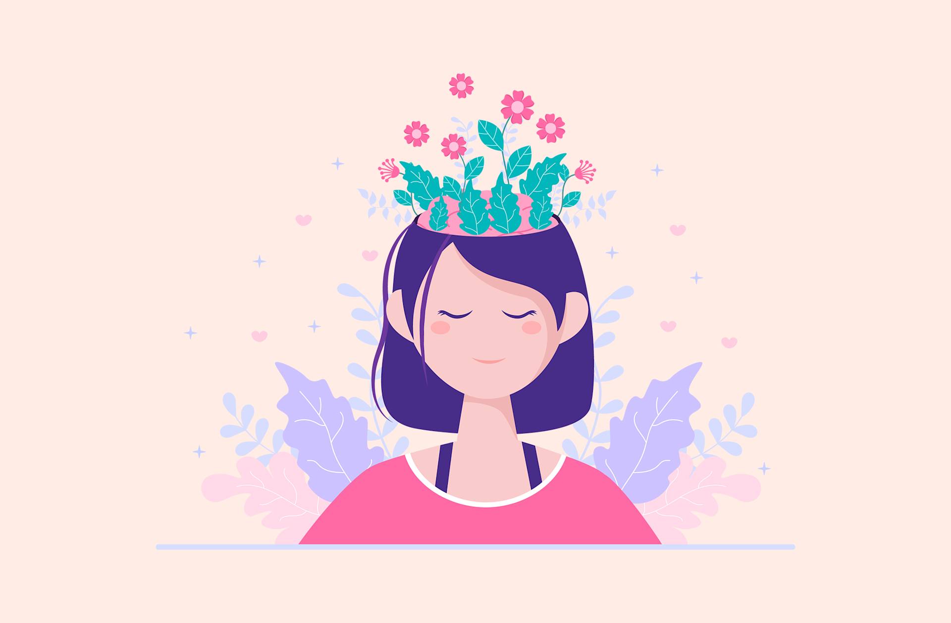 Illustration of a woman with purple hair and closed eyes, smiling peacefully. Green plants and pink flowers grow from the top of her head, symbolizing mental wellness, with soft leaves and heart shapes in the background.