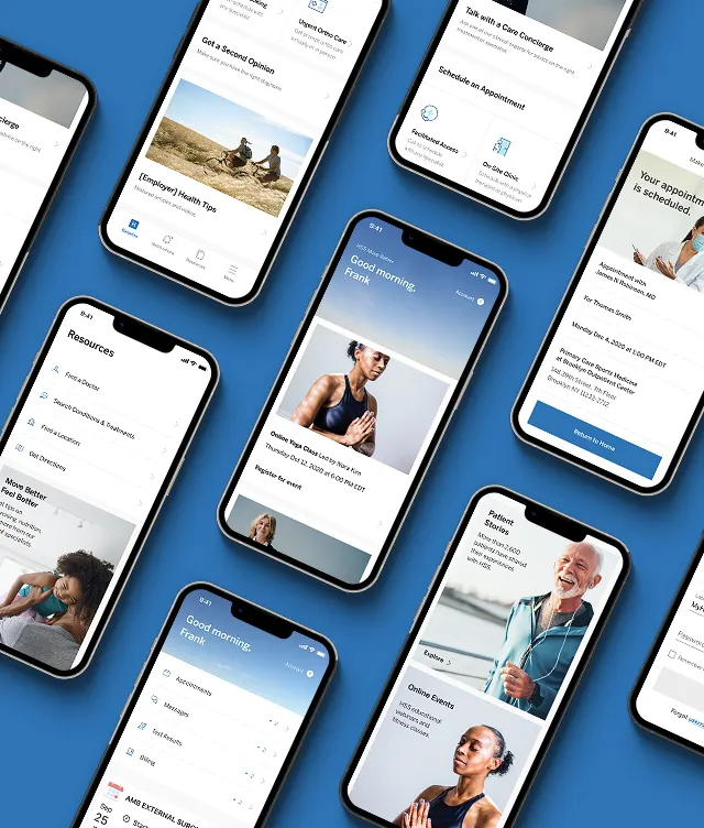 Several smartphones display a health and wellness app with features like video consultations, exercise tips, and appointment scheduling. The screens show images of people exercising and sections for resources and upcoming appointments.