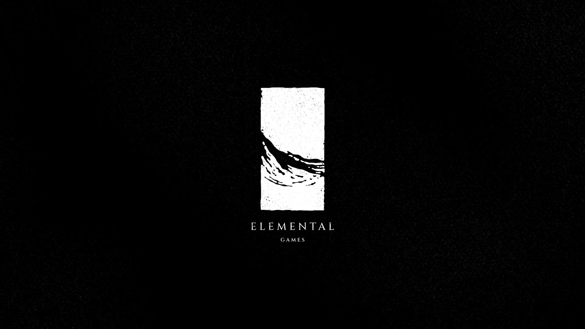 A minimalist black and white logo features a vertical white rectangle with a flowing wave-like design inside. Below it, the text reads ELEMENTAL GAMES in capital letters on a black background.