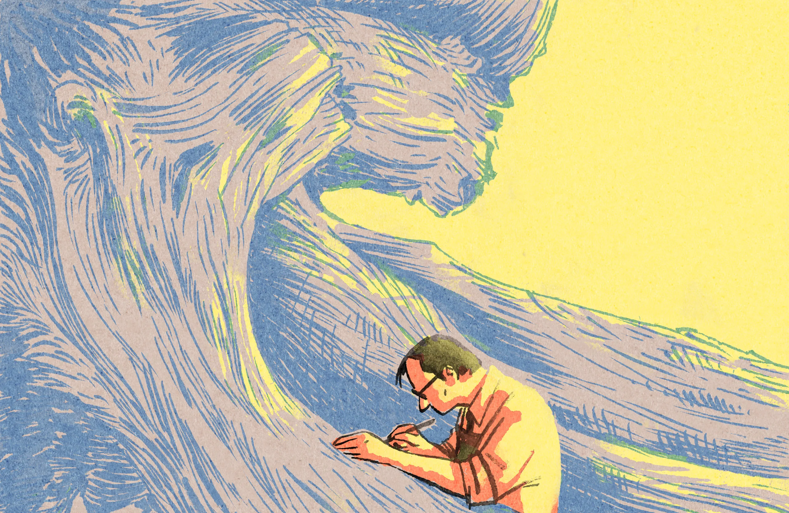 An illustration of a big wave with a person at the bottom holding a pen and leaning forward.