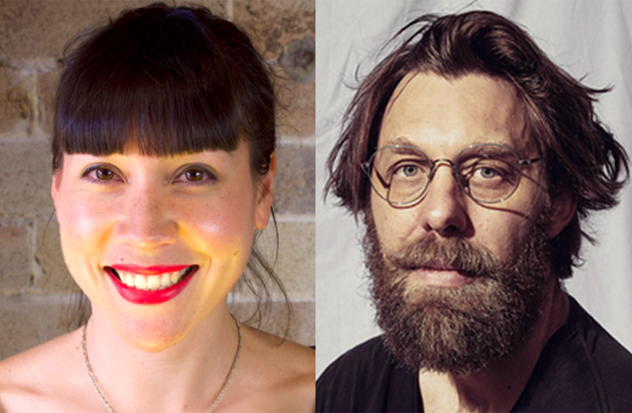 A woman with dark hair and bangs, smiling brightly, and a man with glasses, a thick beard, and tousled hair, both shown in close-up portraits side by side.