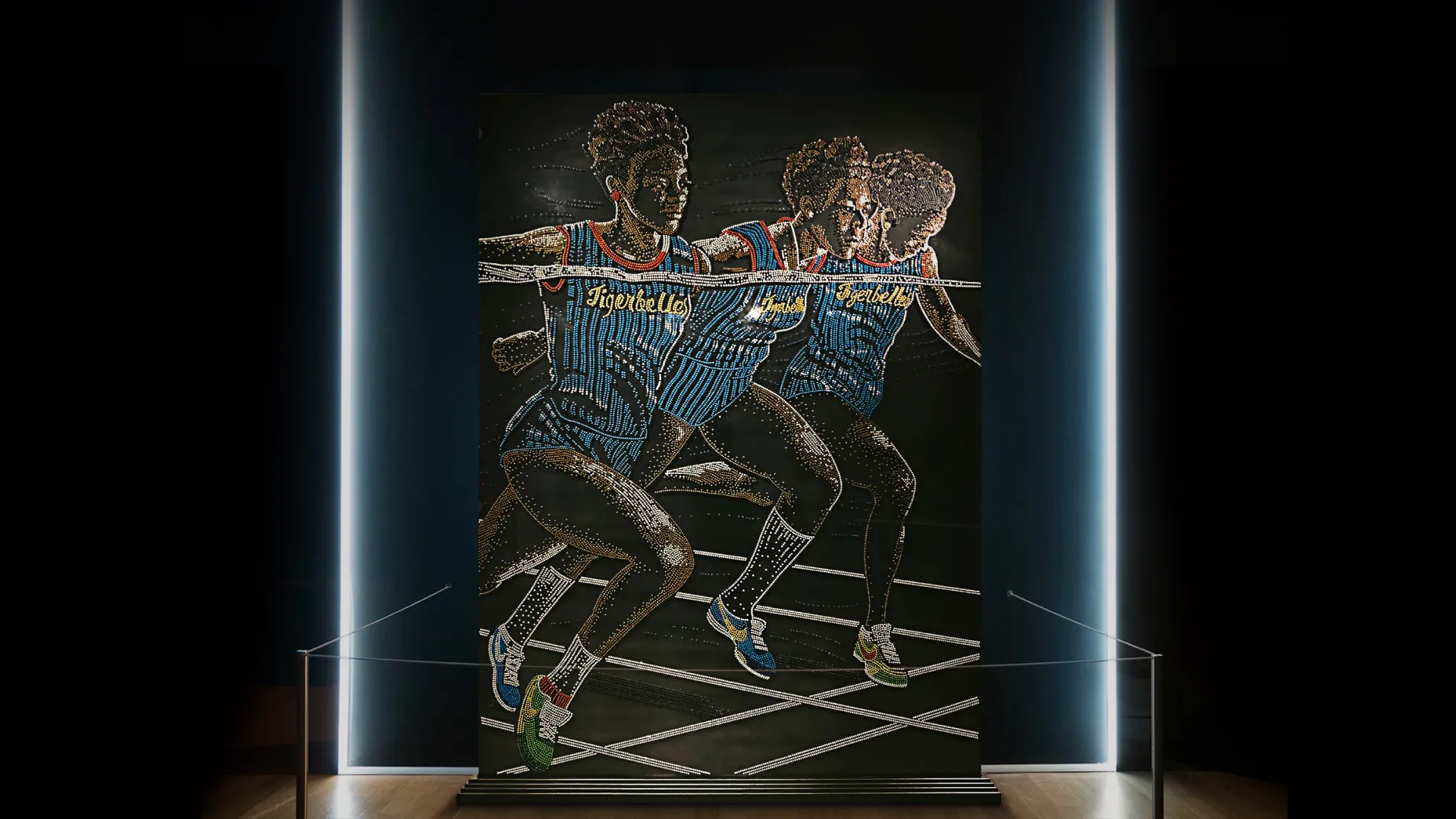A dynamic artwork depicts an athlete running and breaking through a finish line, shown in three overlapping positions. The figure wears a blue uniform, green and red shoes, with spotlights highlighting the display.