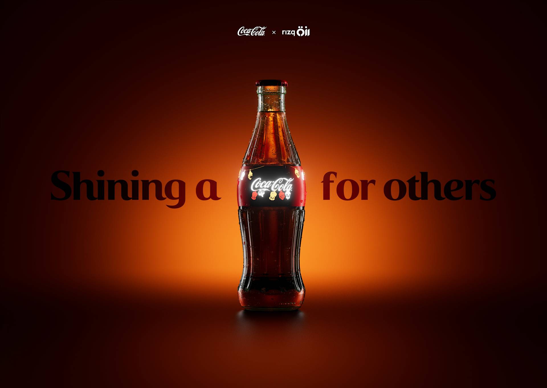 A Coca-Cola bottle glowing with light, centered against a gradient orange background. The words “Shining a” appear on the left and “for others” on the right, with the light from the bottle replacing a missing word.