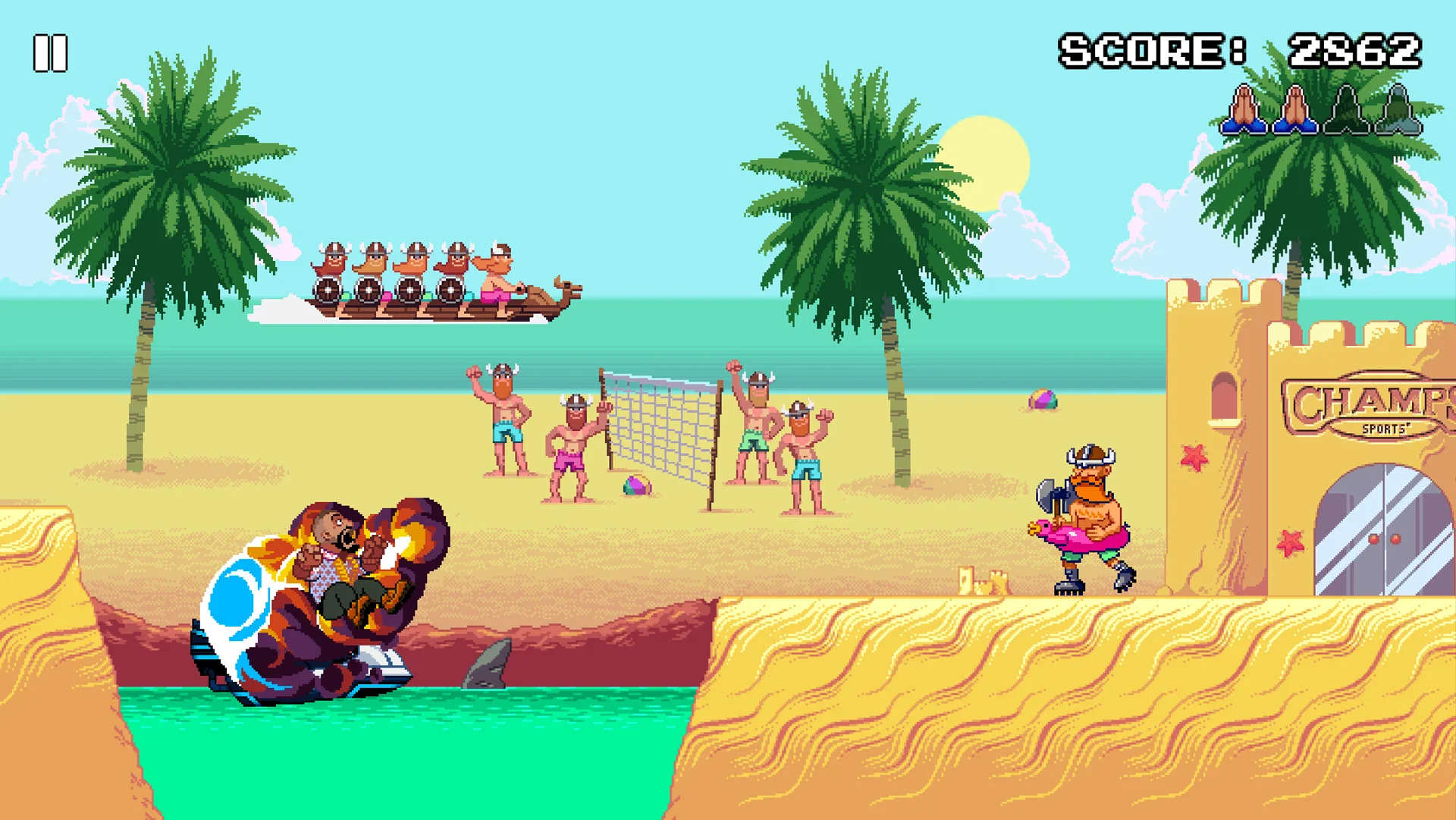 A pixel art beach scene from a video game shows Viking characters: some ride a jet ski, others cheer from a volleyball court, and one in a float approaches a sandcastle labeled CHAMP. The score reads 2862.
