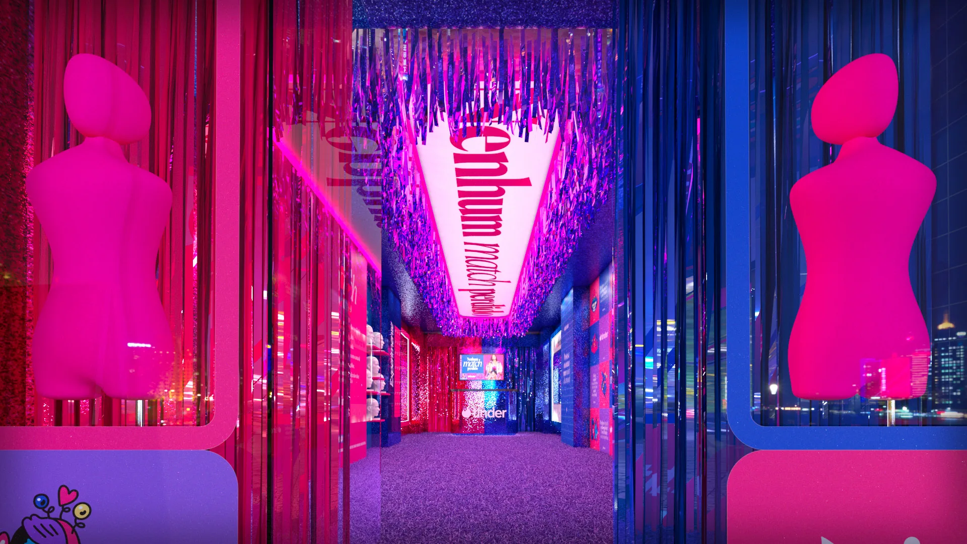 A vibrant, neon-lit hallway with pink and blue lighting features two pink mannequins on either side. Shiny streamers hang from the ceiling, and illuminated signs display text above a textured, carpeted floor.