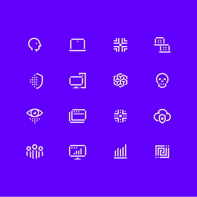 Grid of 16 white technology-themed icons, including a head, laptop, circuit, server, shield, monitor, geometric shapes, skull, eye, chat bubbles, cloud, group of people, bar chart, and maze, on a purple background.