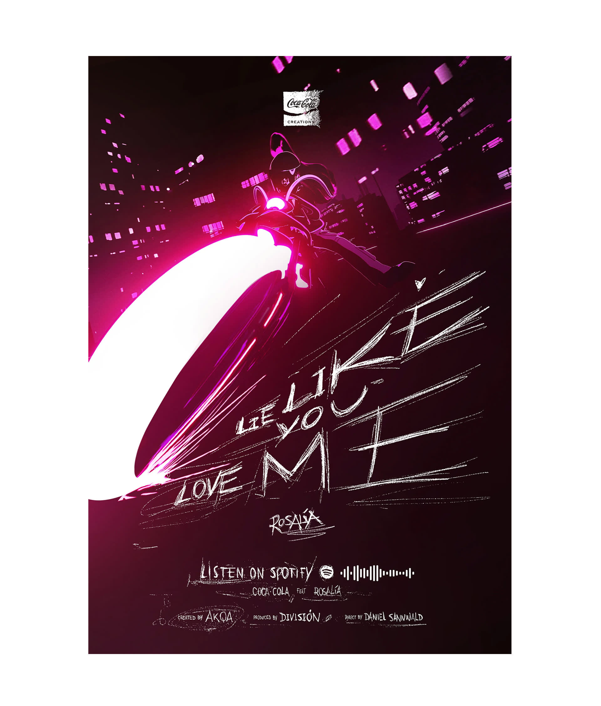A stylized, neon-lit image of a person riding a futuristic motorcycle leaving a bright pink trail through a city at night. Text reads, Let Me Let You Love Me by Rosalía. Spotify and Coca-Cola logos are visible.