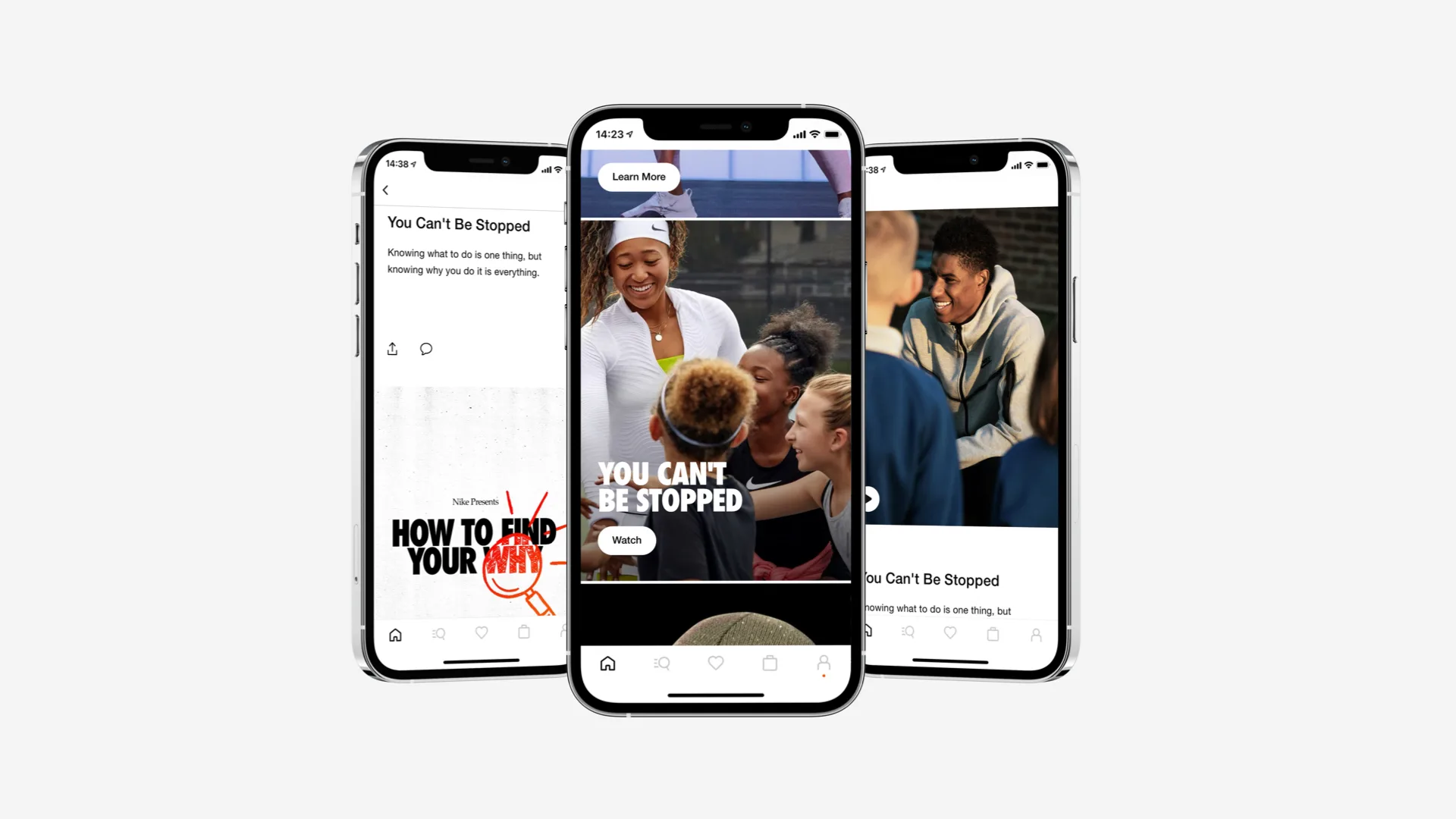Three smartphones display motivational content in an app, featuring images of people smiling, inspirational text like YOU CAN’T BE STOPPED, and navigation icons at the bottom of the screens.