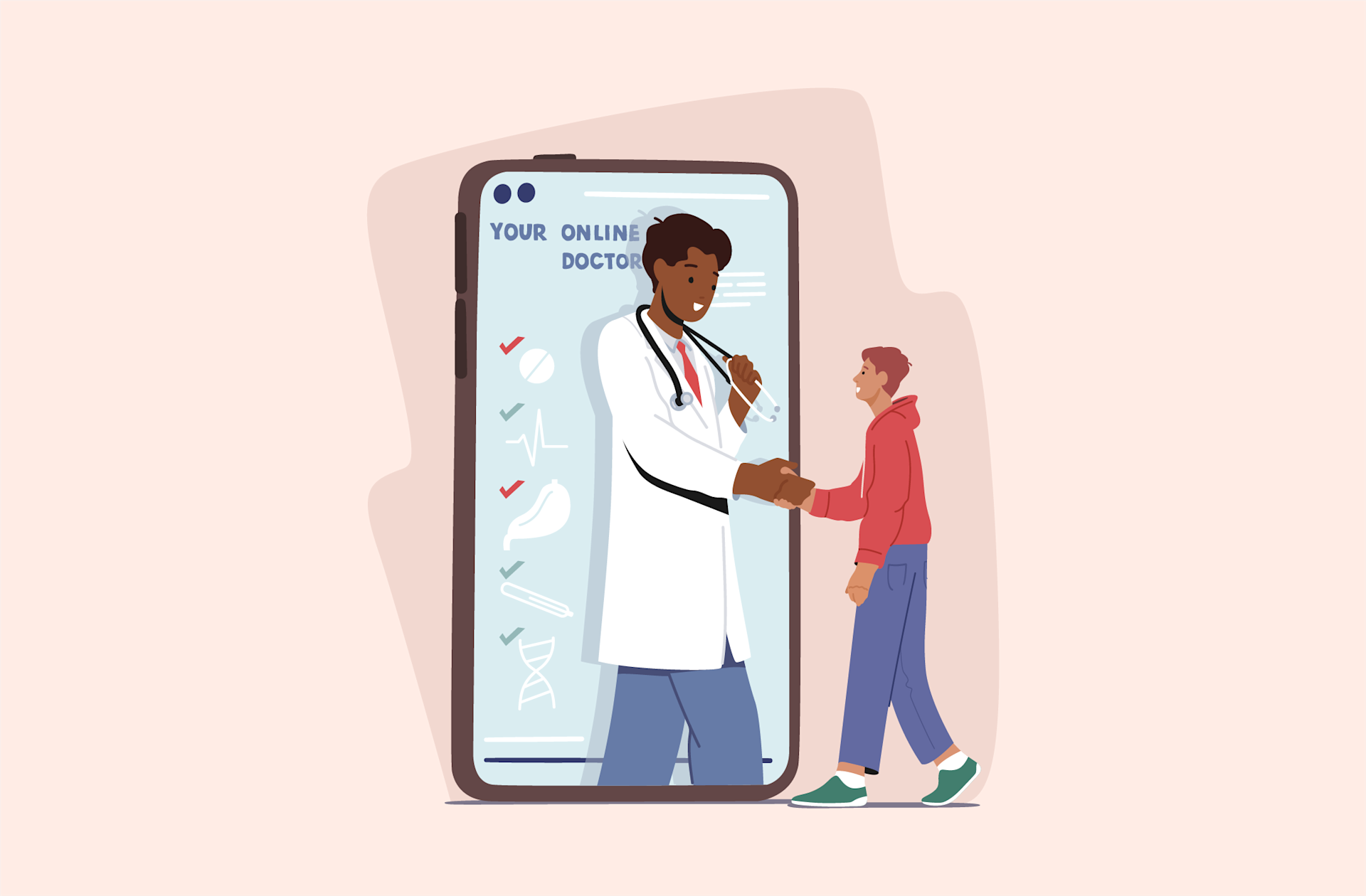 Illustration of a doctor emerging from a smartphone screen to shake hands with a patient, symbolizing online or virtual healthcare services. Medical icons and checklists are visible on the phone’s display.