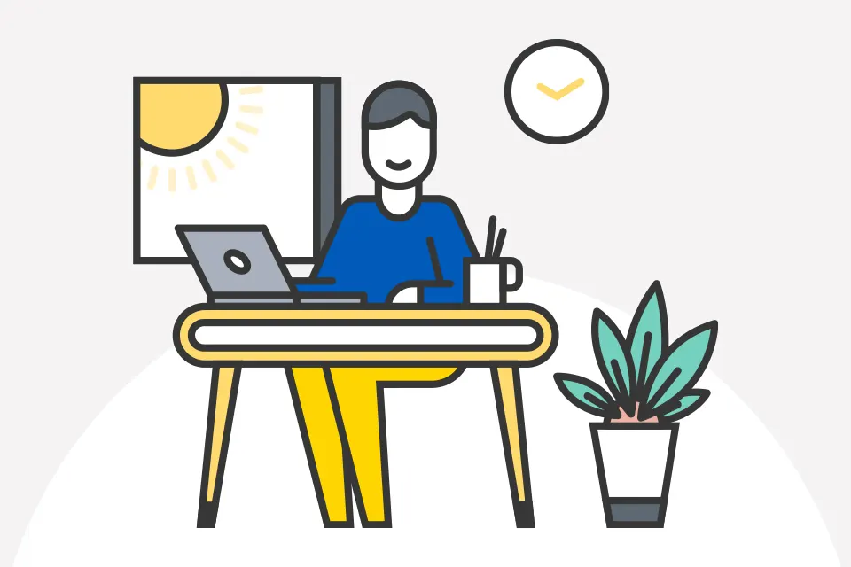 Illustration of a person sitting at a desk with a laptop, coffee mug, and pencils. There is a window showing sunshine, a clock on the wall, and a potted plant beside the desk.