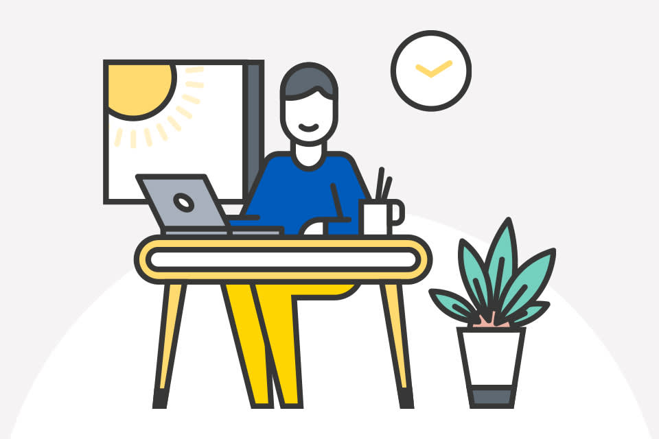 Illustration of a person sitting at a desk with a laptop, coffee mug, and pencils. There is a window showing sunshine, a clock on the wall, and a potted plant beside the desk.