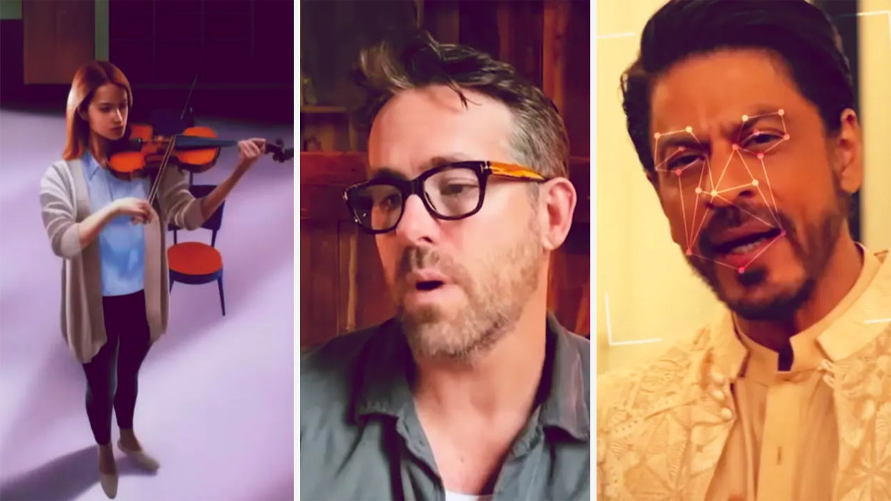 A split image showing a woman playing violin, a man with glasses looking down, and a man with facial tracking lines over his face, possibly for motion capture effects.