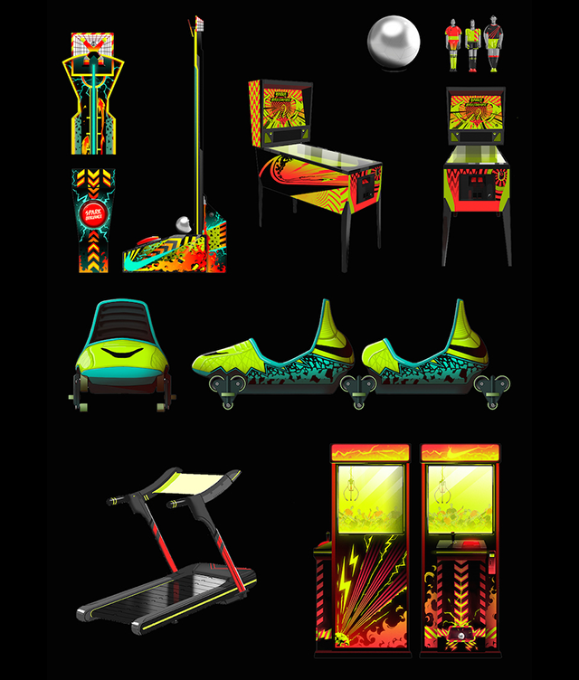 A collection of colorful arcade and amusement machines, including a basketball hoop game, pinball machines, racing car seats, a treadmill, claw machines, a silver ball, and two toy-like figurines, all on a black background.