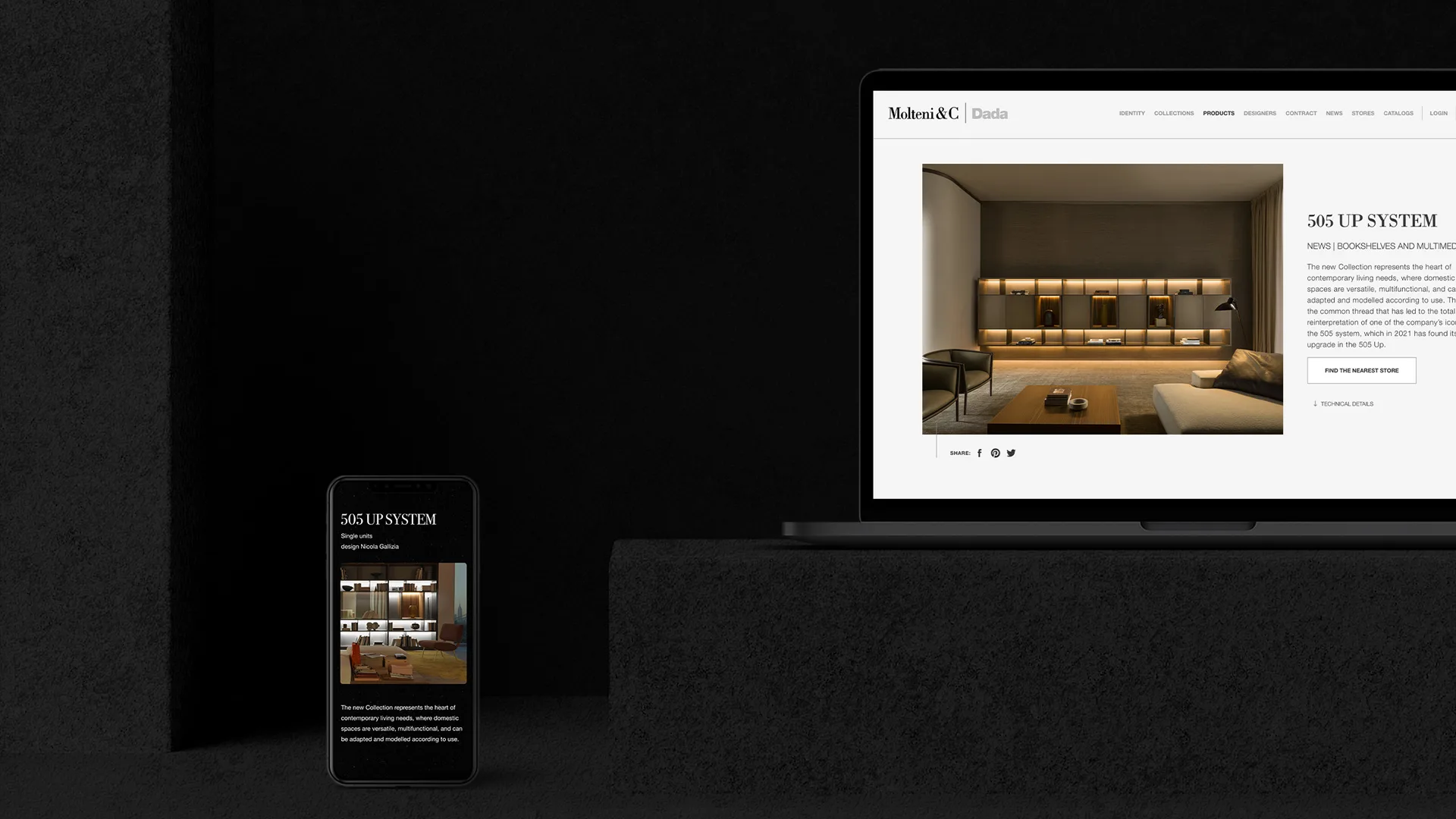 A smartphone and a laptop display the same modern interior design webpage featuring a well-lit living room with shelves and seating. Both devices are set against a dark minimalist background.