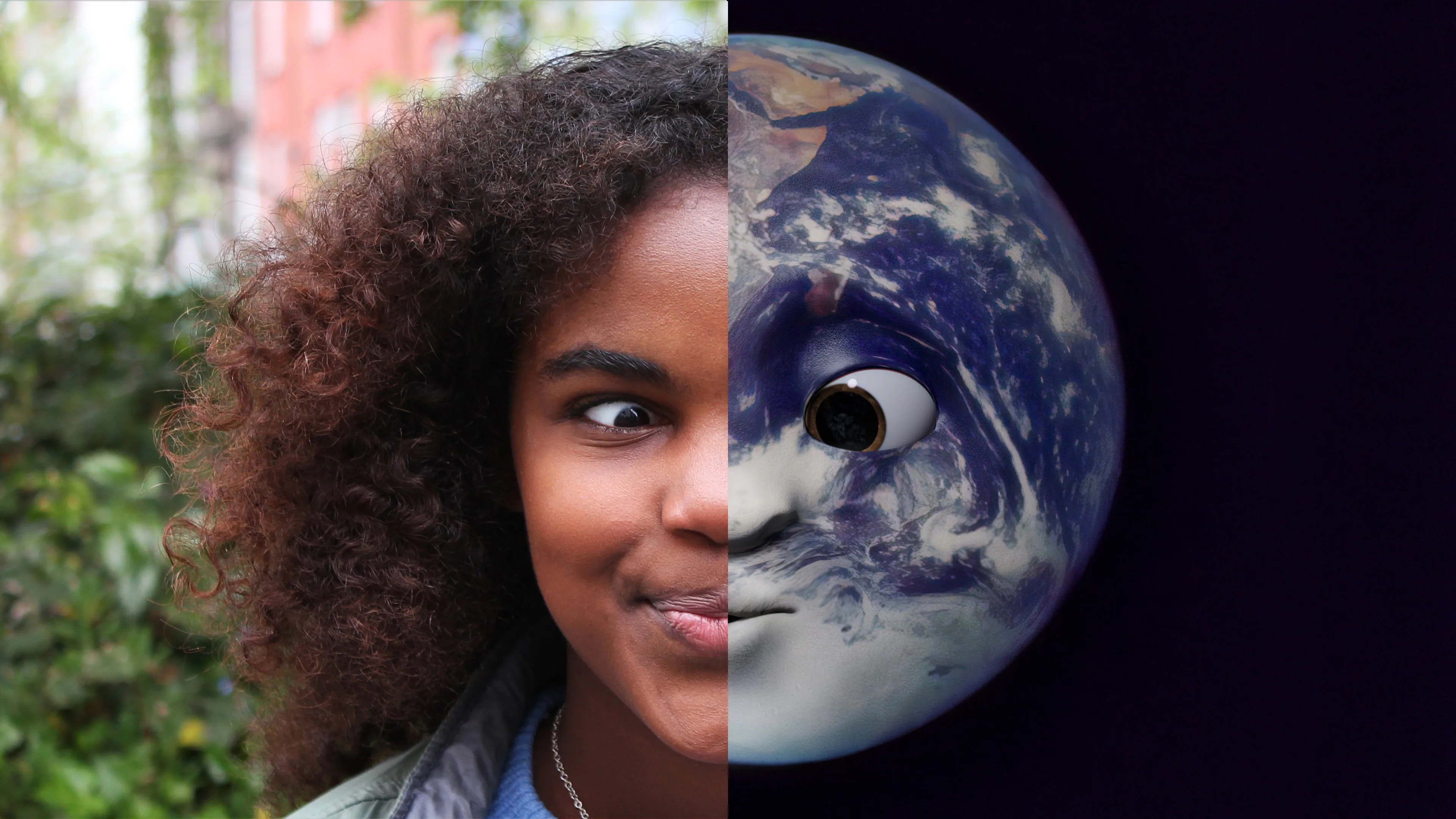 A split image: the left half shows a smiling young person with curly hair and crossed eyes, while the right half shows the Earth with a cartoon face, also crossing its eyes.