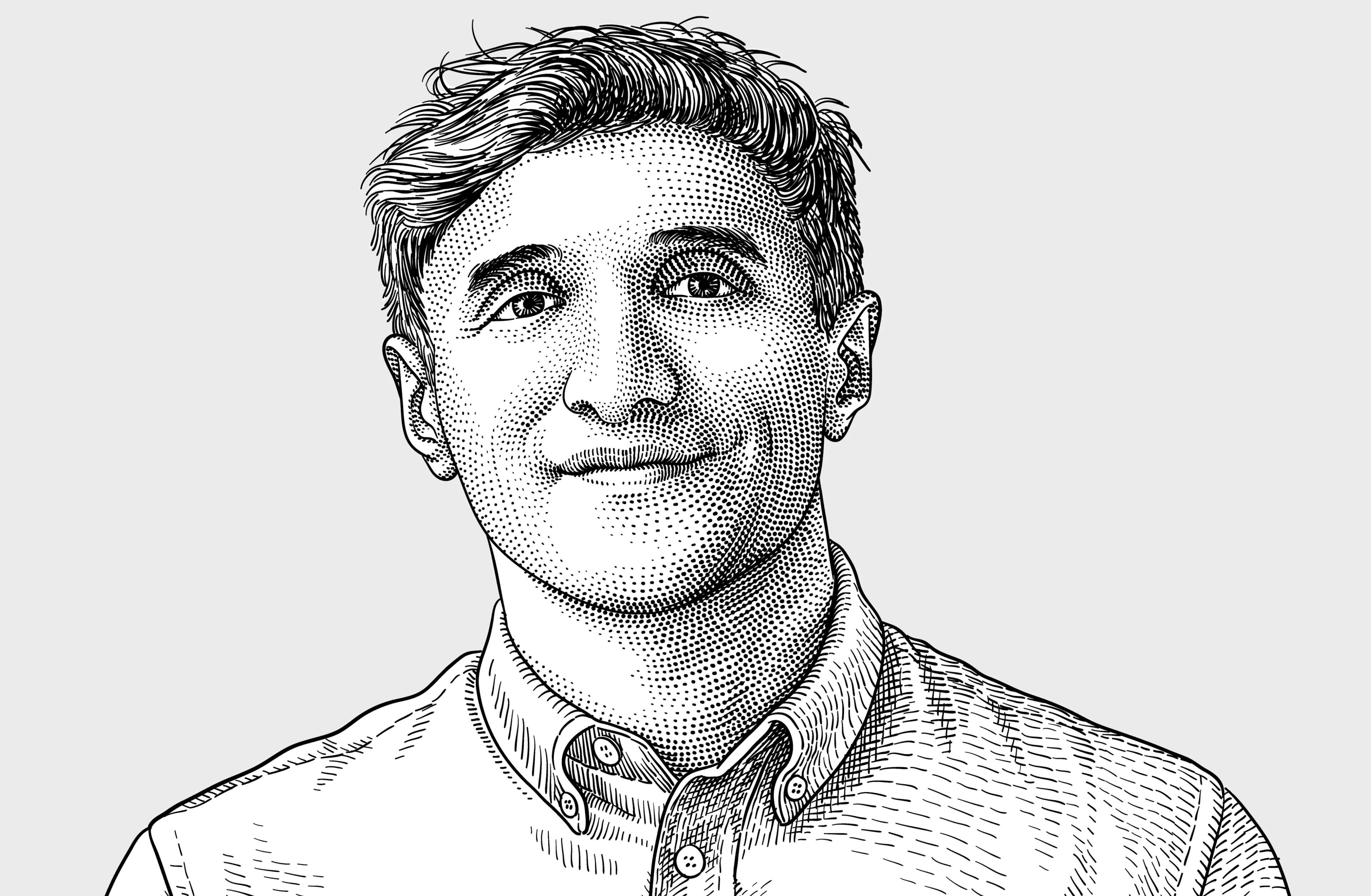 Black and white stipple-style illustration of a young man with short, wavy hair, wearing a button-up shirt, facing forward and smiling slightly.