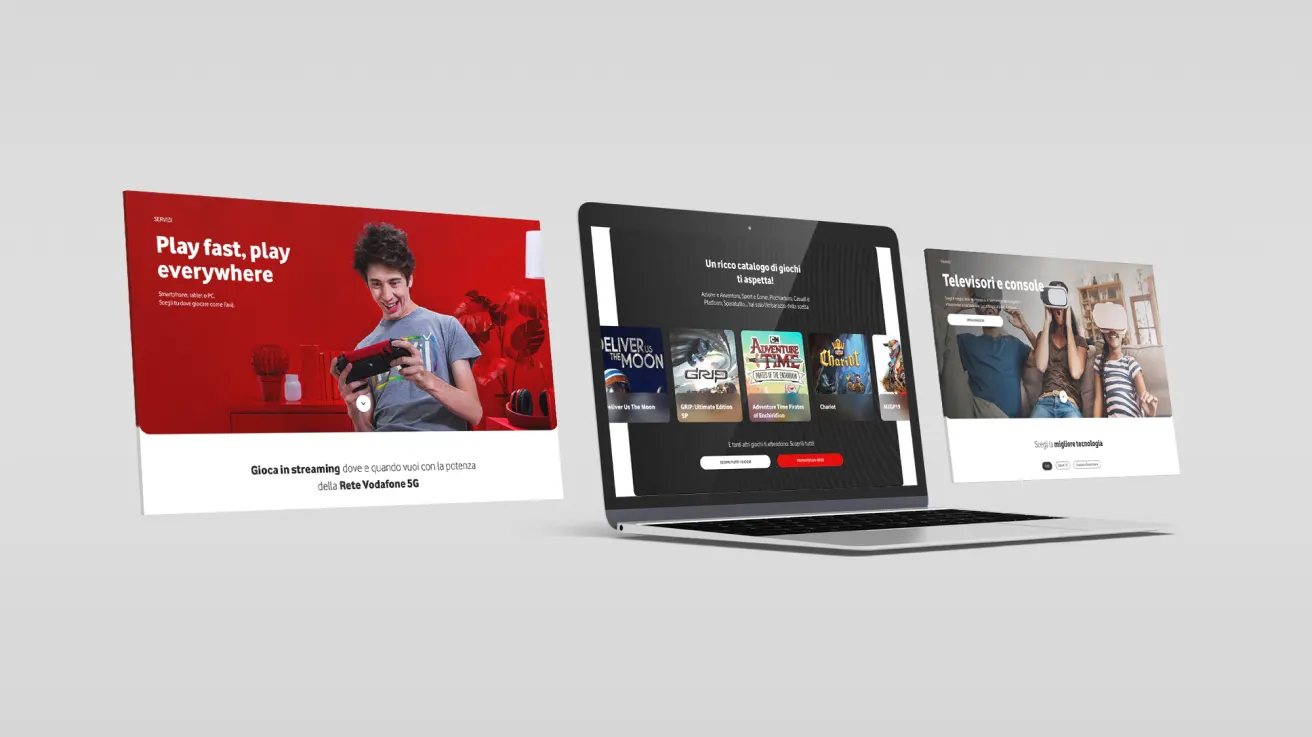 Three angled laptop screens display different gaming service websites, featuring game covers, a young boy with a controller, and a group playing on a couch. The background is light gray.
