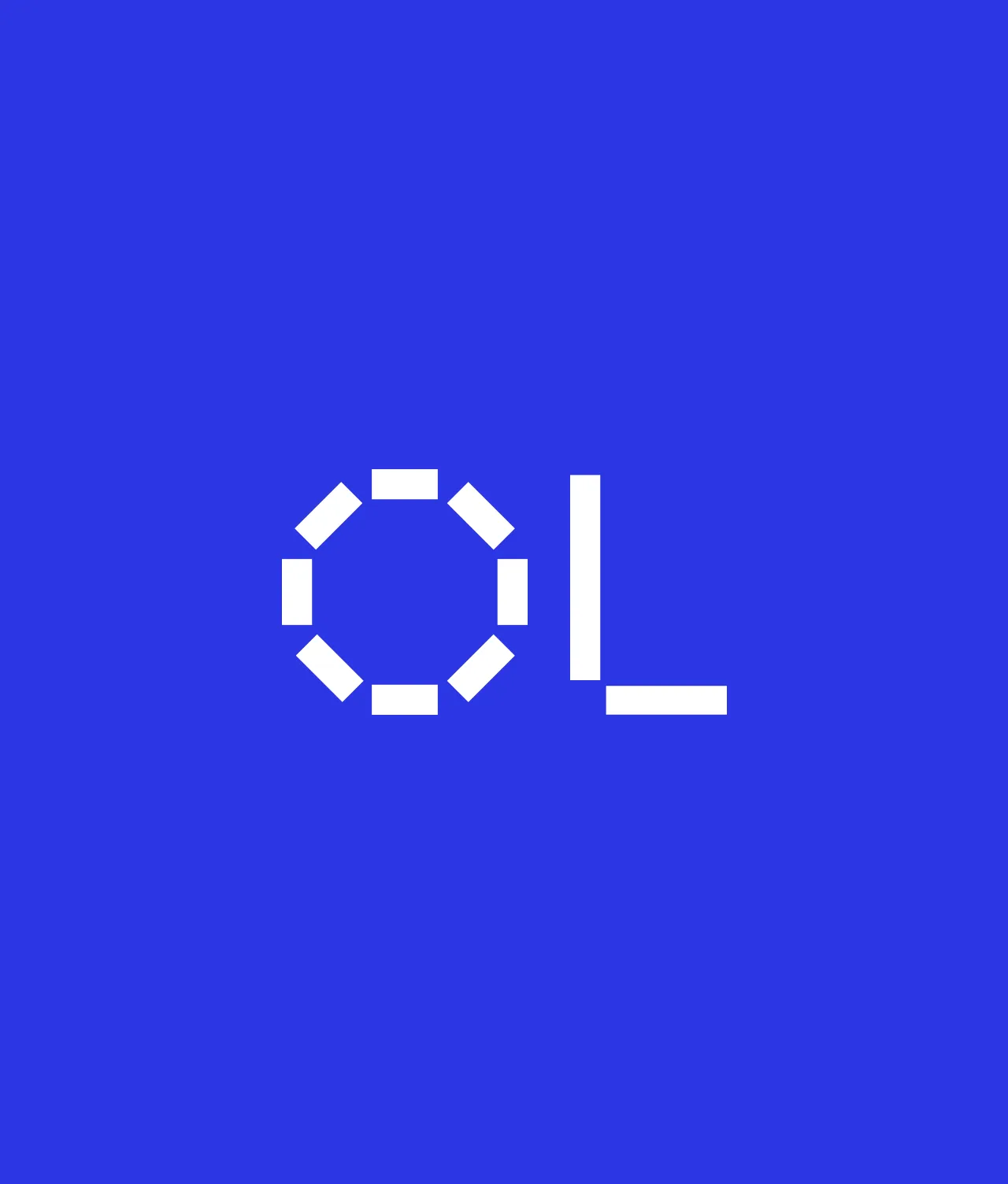 The letters OL in white against a solid blue background. The O is formed by eight short white dashes arranged in an octagon, and the L is a solid white vertical line with a shorter horizontal line extending from its base to the right.