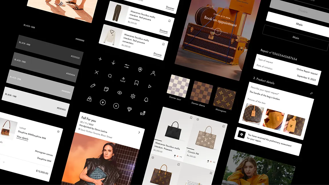 A collage of various website interface elements including product listings, icons, a color palette, and a repair request form.