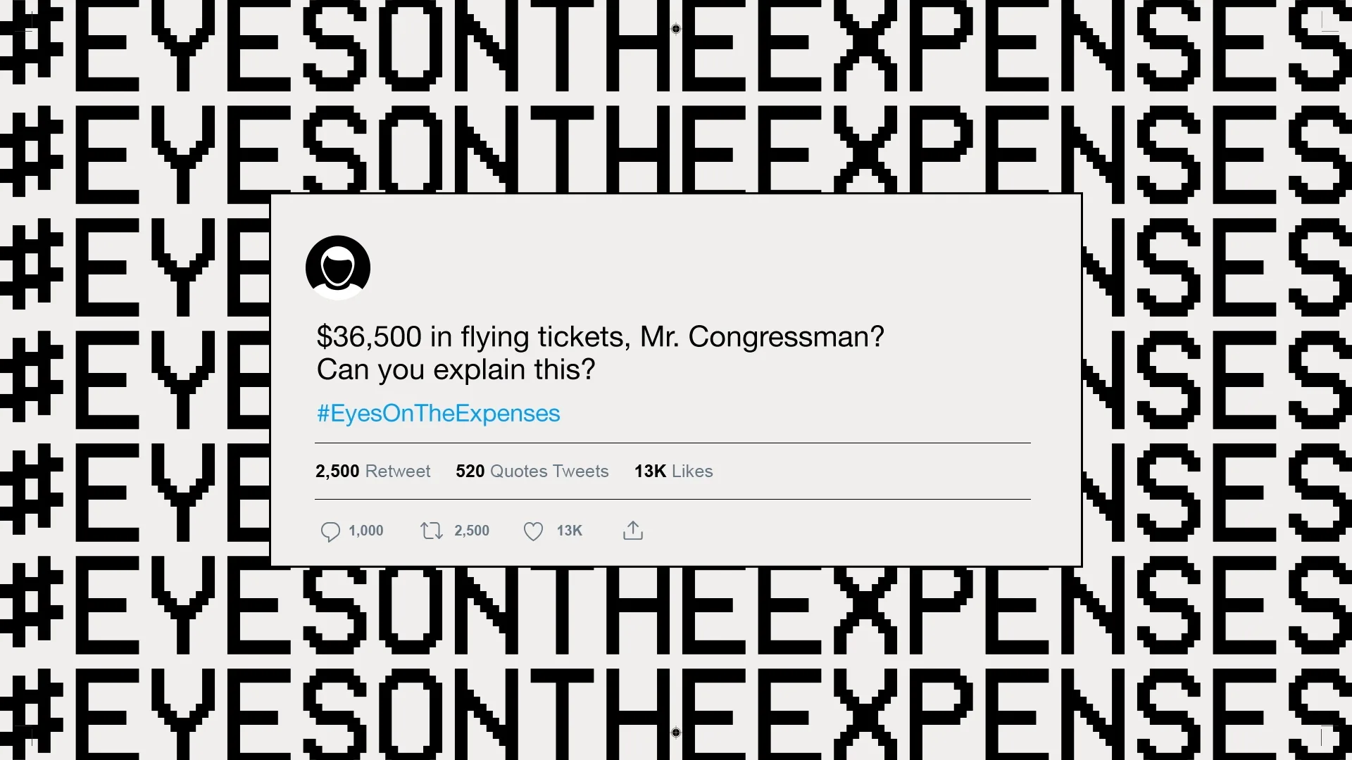 A social media post asks, $36,500 in flying tickets, Mr. Congressman? Can you explain this? with #EyesOnTheExpenses. The background repeatedly displays #EYESONTHEEXPENSES in bold, black text.
