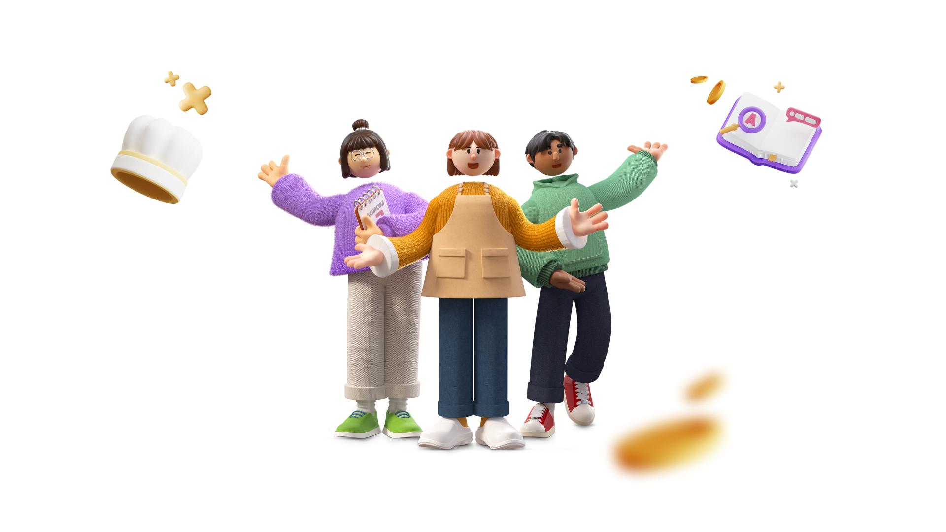 Three animated characters stand together, smiling with arms open. Objects like a chefs hat, camera, and painting palette float around them, suggesting creativity and diverse interests. The background is white.
