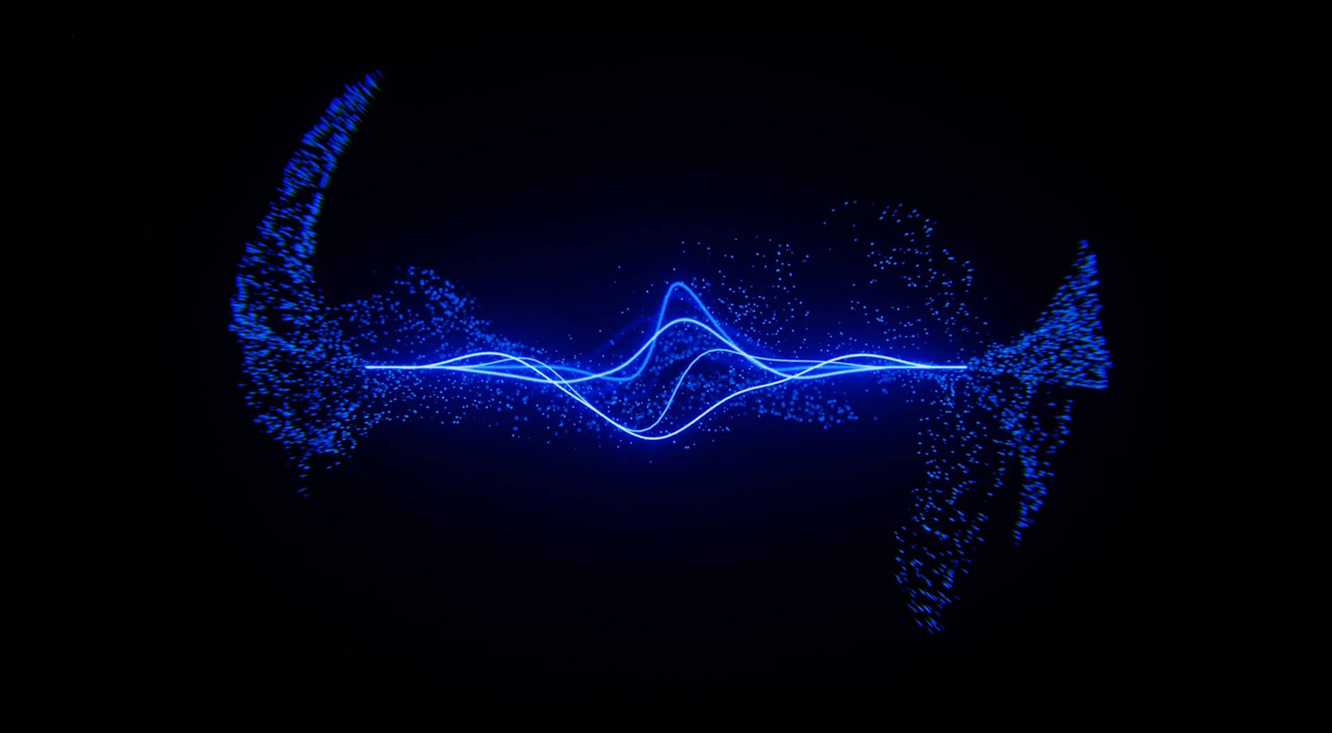 A glowing blue wave with scattered blue particles appears on a black background, forming a symmetrical, abstract digital pattern with curving lines and dots.