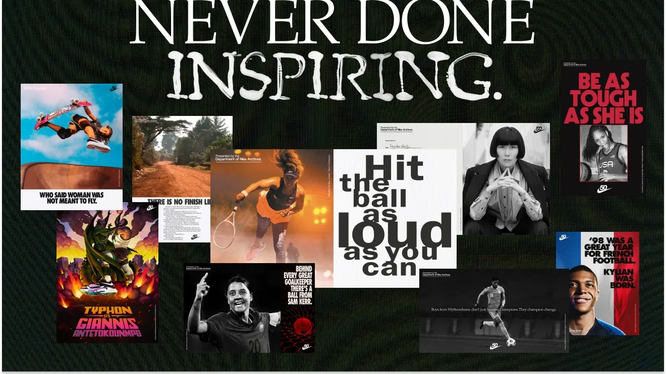 A collage of diverse athletes, each with motivational quotes and powerful action shots, set against a dark background with the large white headline: NEVER DONE INSPIRING.