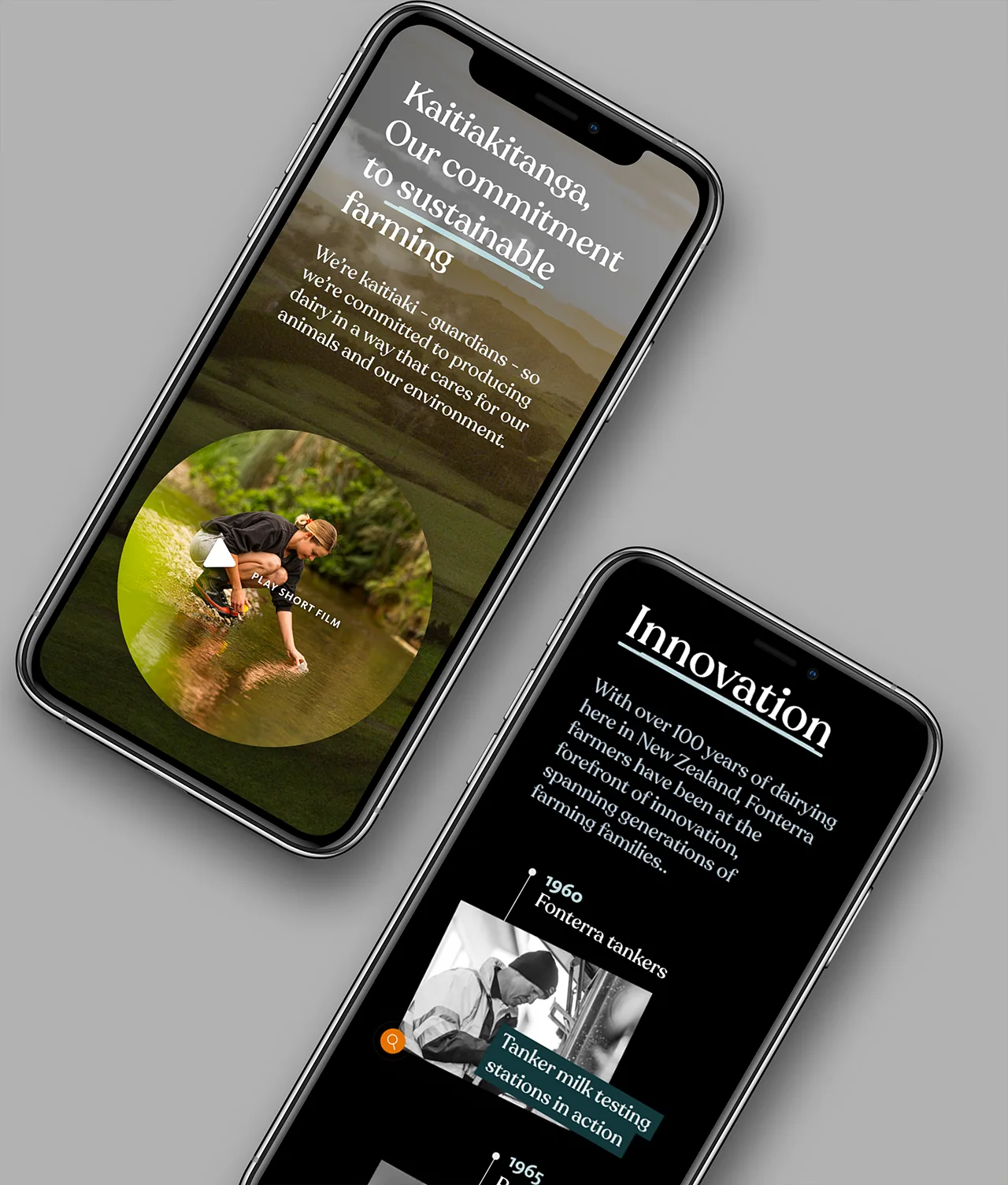 Two smartphones display screens with information about sustainable farming and innovation, featuring text, images of a person by water, and historical milestones. The phones rest on a light gray surface.
