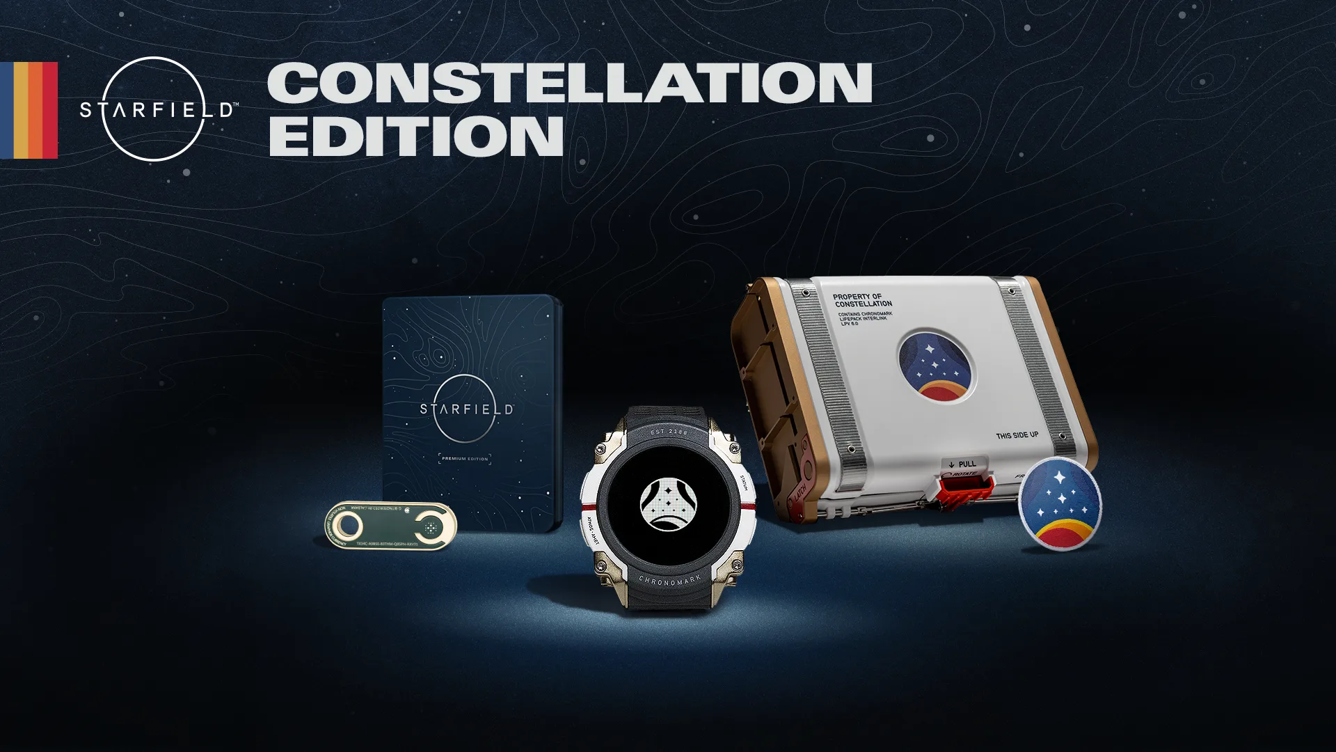 Collection of Starfield-themed items including a watch, metal case, patch, game case, and keychain, with Starfield Constellation Edition text on a dark starry background.
