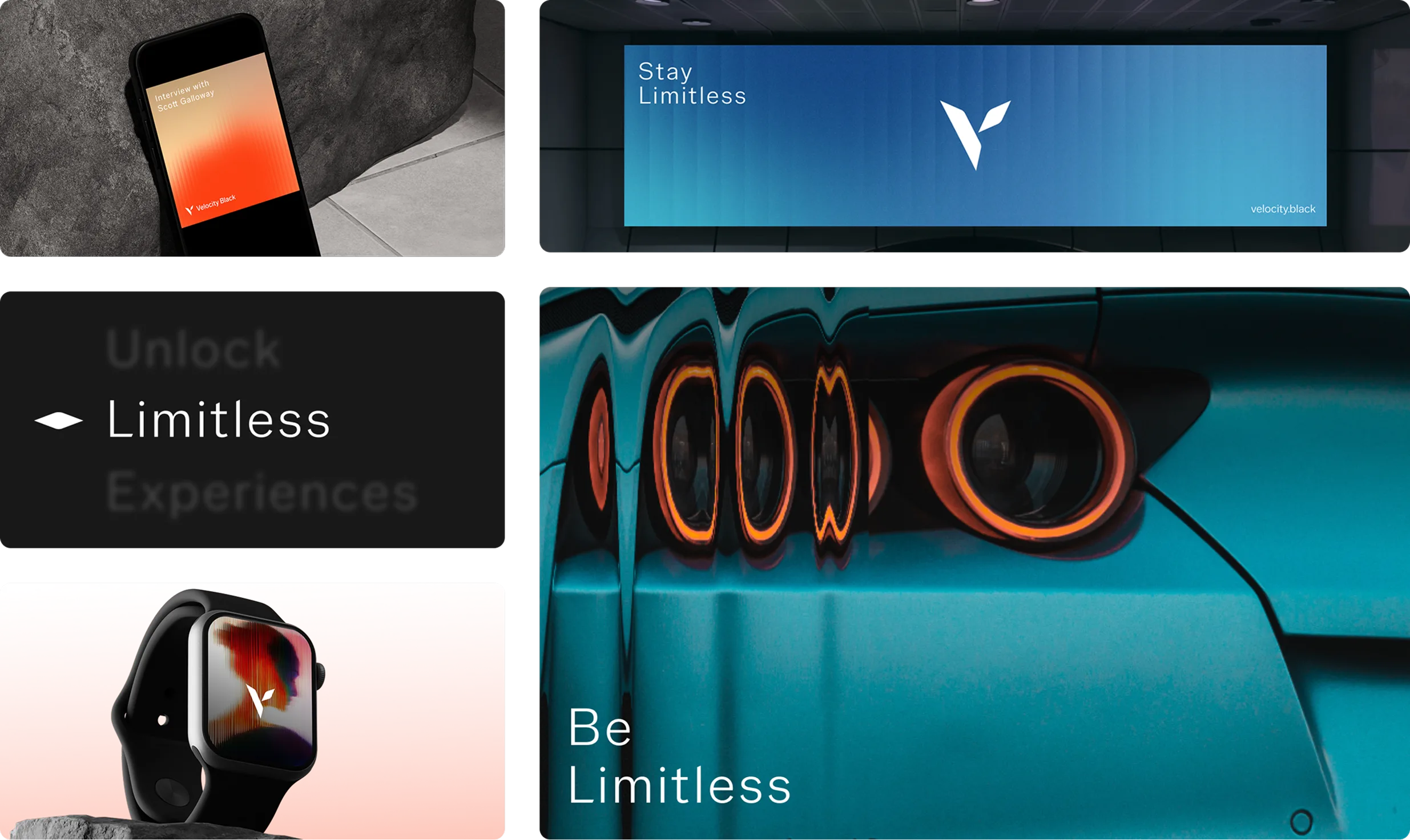 A collage shows branding visuals, including a phone and smartwatch with gradient screens, a large digital billboard, a close-up of a car’s taillights, and text: Stay Limitless and Be Limitless.