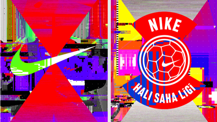 Abstract, glitch-style image split in two: left side shows a neon green Nike swoosh on a colorful, distorted background; right side features a red and blue circular badge reading Nike Halı Saha Ligi with a soccer ball design.