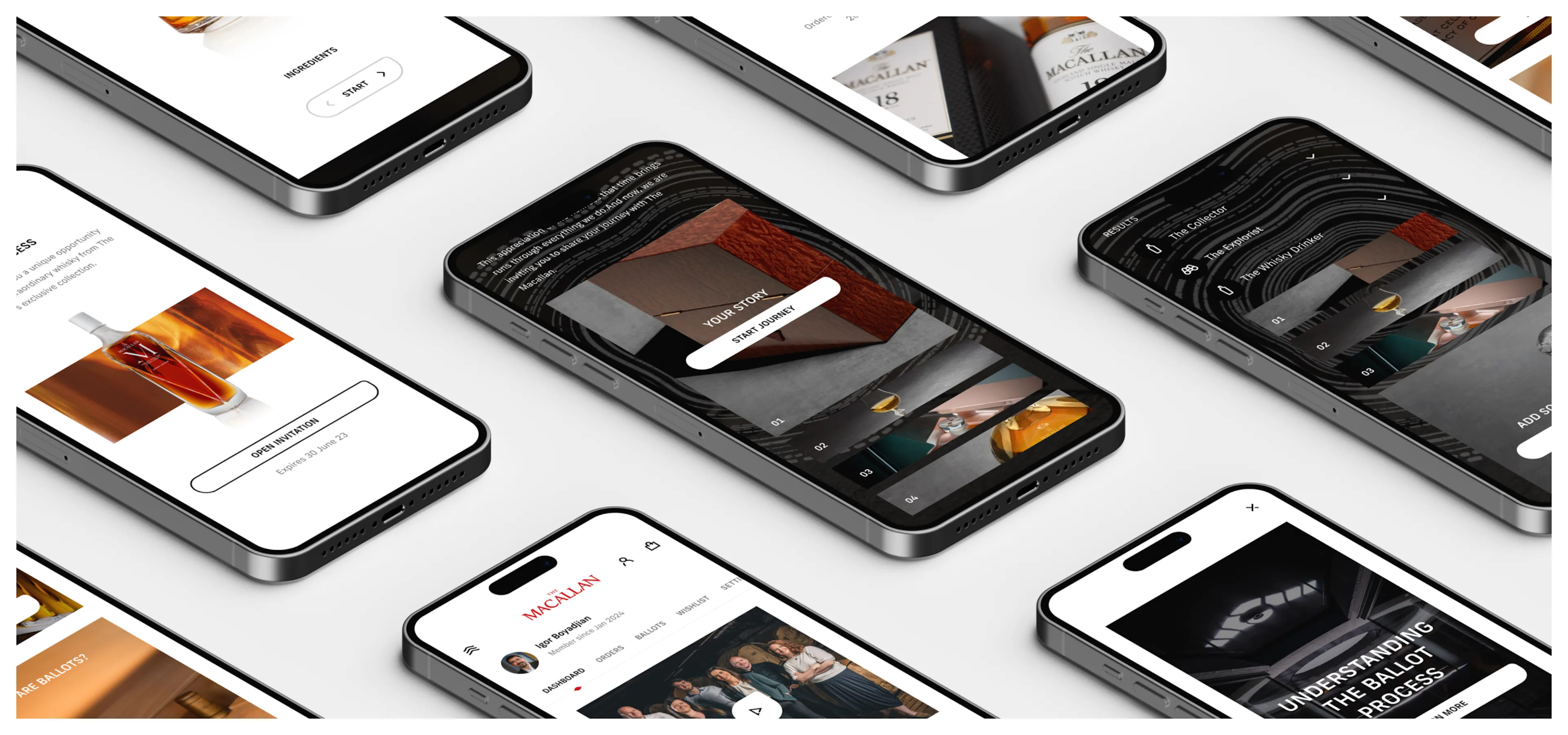 Multiple phones displaying different areas of The Macallan website.