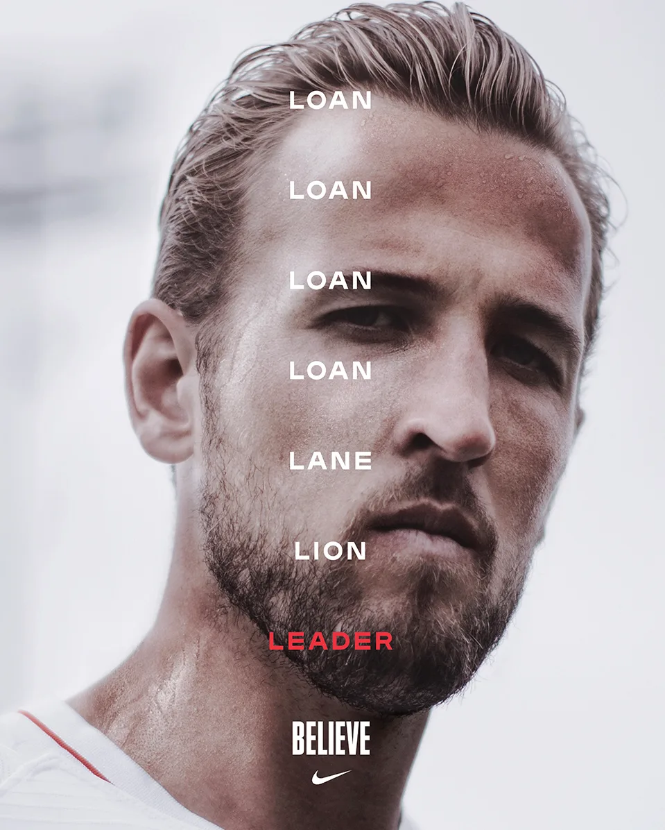 Close-up of a serious male athlete with short hair; words LOAN, LANE, LION, and LEADER are stacked vertically over his face, with LEADER in red; BELIEVE and the Nike logo appear below.