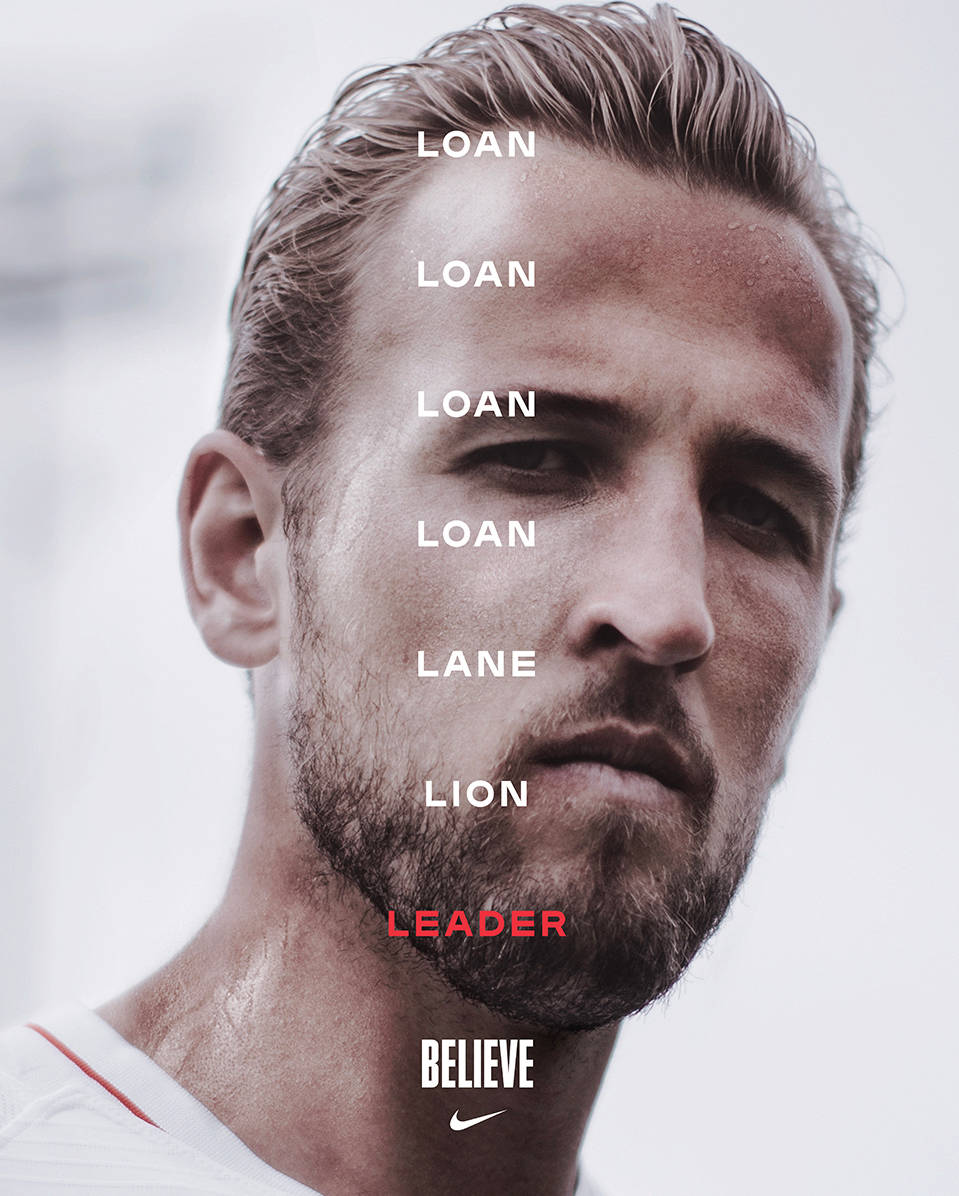 Close-up of a serious male athlete with short hair; words LOAN, LANE, LION, and LEADER are stacked vertically over his face, with LEADER in red; BELIEVE and the Nike logo appear below.